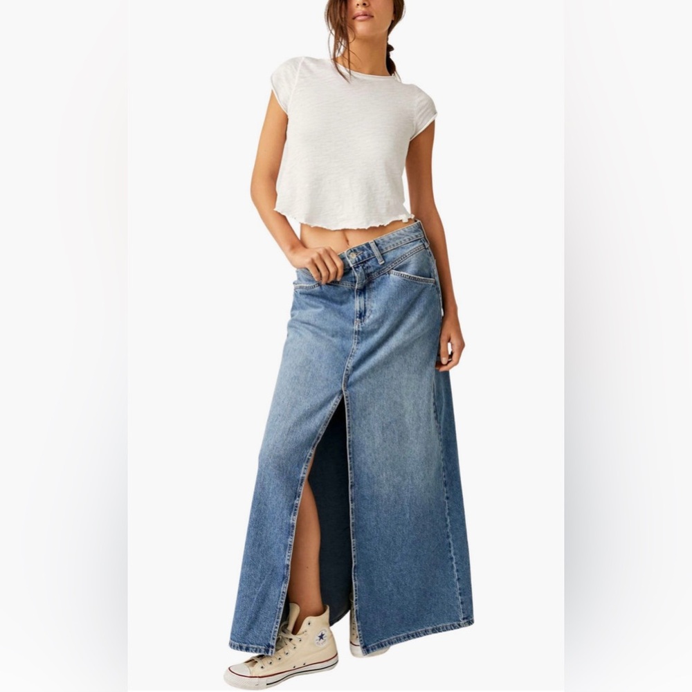 Sale!▪️NWT Free People Come As You Are  Mid Rise Denim Maxi Skirt with Slit